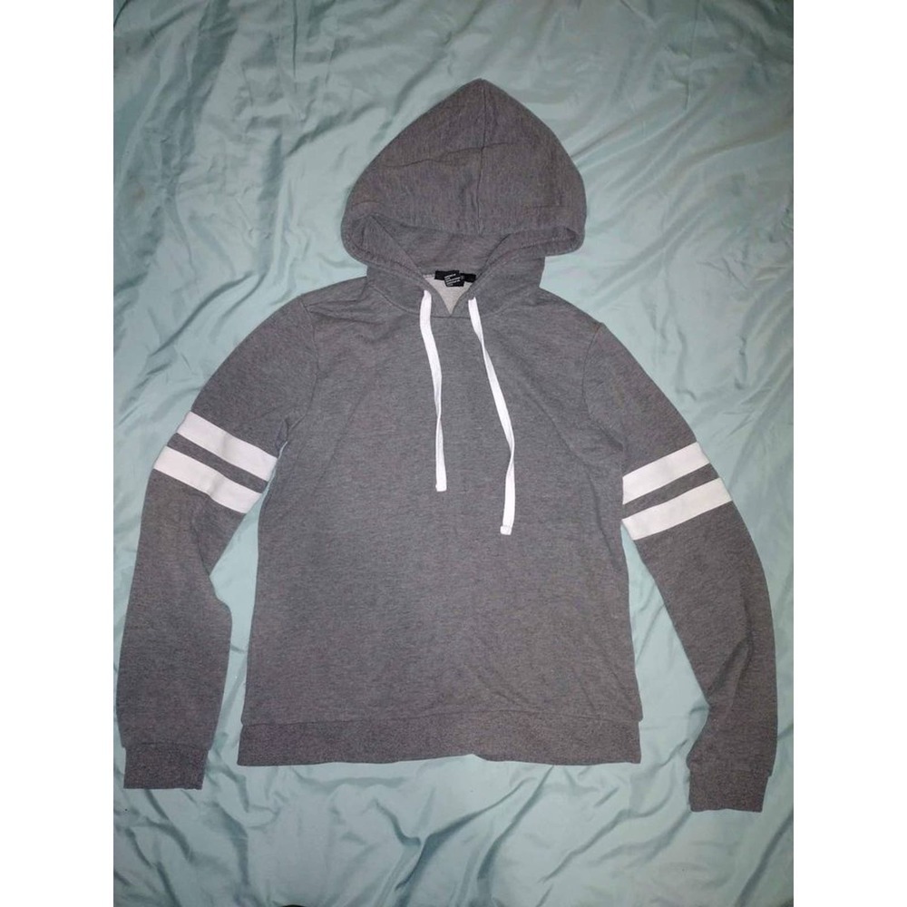 Forever 21 Grey Hoodie Striped Sleeves Drawstring Hood Size S